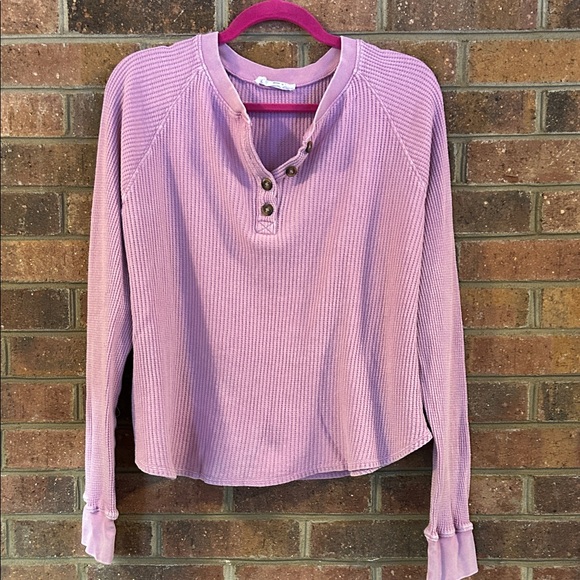 Double Zero Tops - Double Zero Pink Waffle Henley Long Sleeve Top